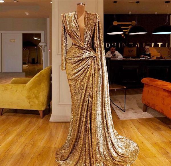 2019 Sexy profundo Vestido V-Neck Formal Vestidos 2019 Últimas painel Projeto Arábia Árabe lantejoulas Prom Party vestido Robe De Soire