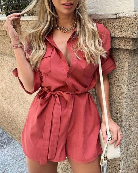 

summer women's dress korean-style slimming waist loose-fit jumpsuit solid color lace-up fold-down collar short sleeve shorts, Black;white