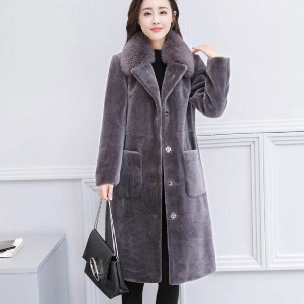 

new 2018 women winter faux fur coat ladies casual thick warm fur wool blend wide waisted long sleeve v-neck collar outwear, Black