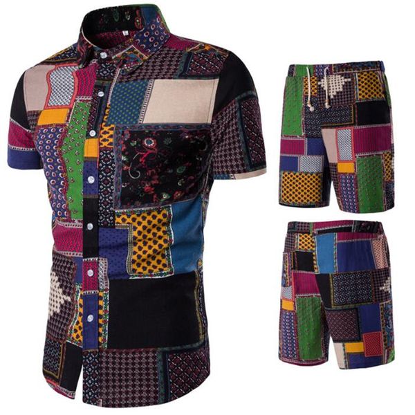 

summer folk style fashion floral shirt men's sets casual shirts suits with short short sleeve single breasted suit, Gray