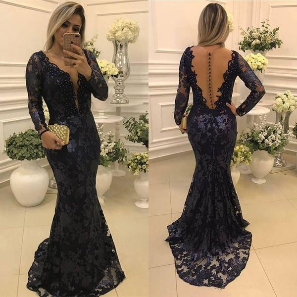 

navy blue mother of the bride dresses vintage lace sheer backless long sleeves mother formal wedding evening party gowns, Black;red