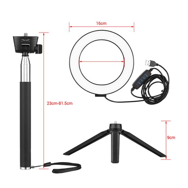 

6 inch mini led ring light pgraphy lamp dimmable 3 lighting powered with telescopic stand mini ballhead for pgraphy