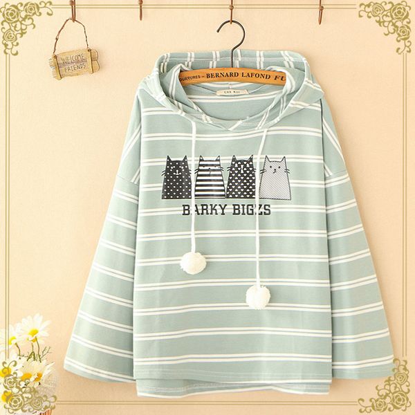 

spring autumn mori girl cartoon cat printing pullovers sweatshirt women harajuku striped loose female hooded hoodie z143, Black