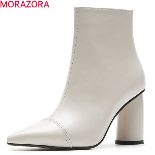 

morazora 2020 ankle boots women pointed toe genuine leather boots simple high heels dress shoes autumn winter booties, Black
