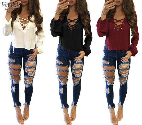 

womens and blouses women ladies long sleeve loose casual blouse summer v neck shirt lace up blusas, White