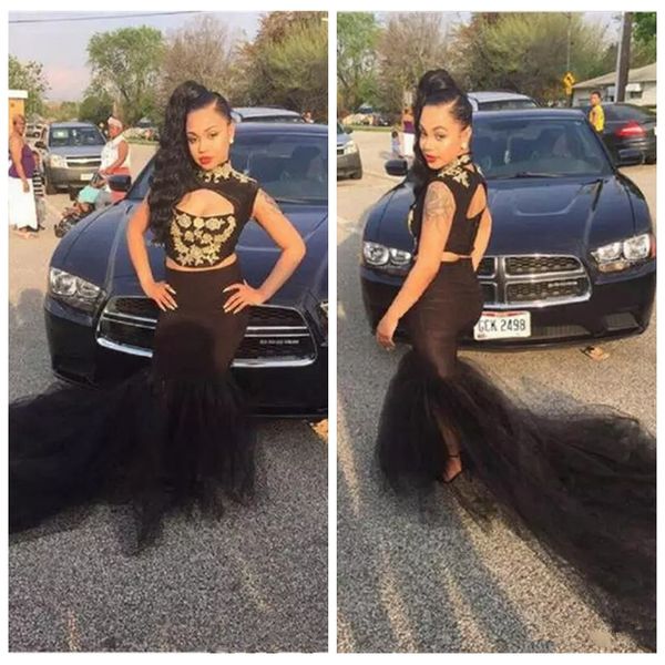 

high neck slim mermaid black girls prom dresses with gold lace appliques two piece formal african evening party gowns 2020 customized long