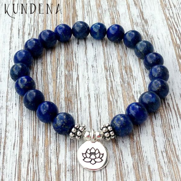 

8mm lapis lazuli charm bracelet yoga lotus buddha charms wrist mala beads anxiety relief healing bracelet for man, Golden;silver