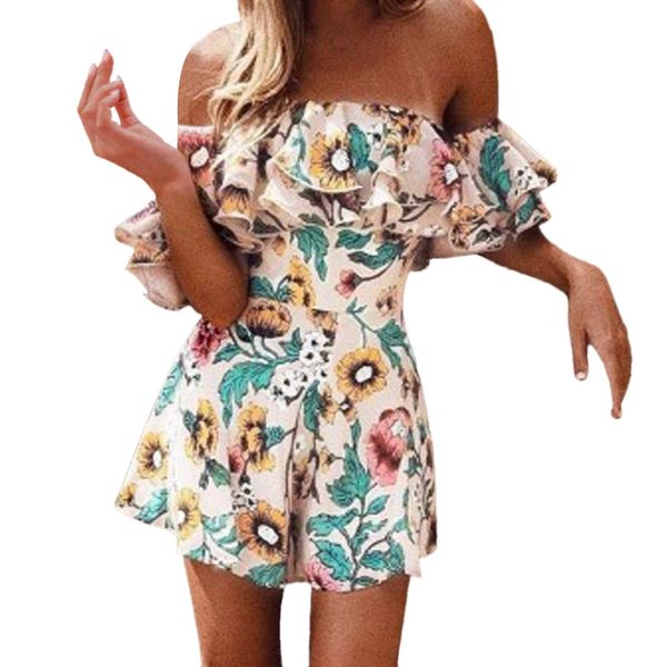 

fashion siamese pants flower print one word shoulder lotus leaf hem skirt summer women's leisure #yl5, Black;white