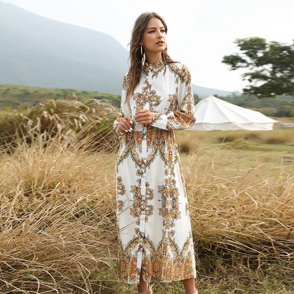 

women ethnic shirt dress colorful floral printed dress button high waist long sleeve elegant maxi spring autumn long, Black;gray