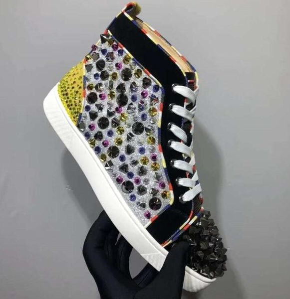 

fashion brand men pik pik studded shoes red bottom sneakers multi-colored rivets remix men's flat hi sneaker wedding party shiny rivets, Black