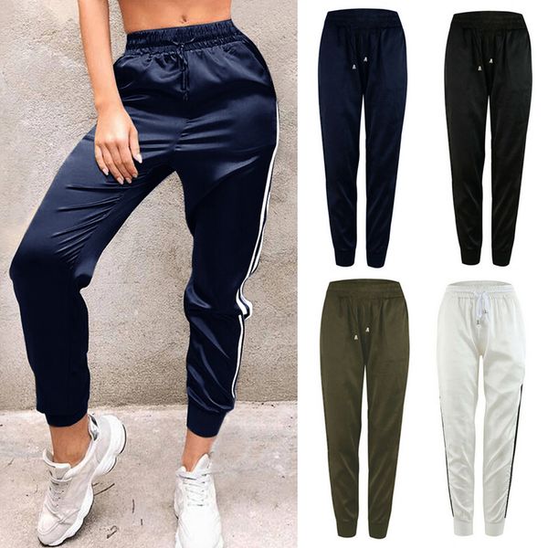 

casual women sport pants elastic waist loose drawstring pencil pantalon femme striped gym trousers stretch stretch joggers, Black;white