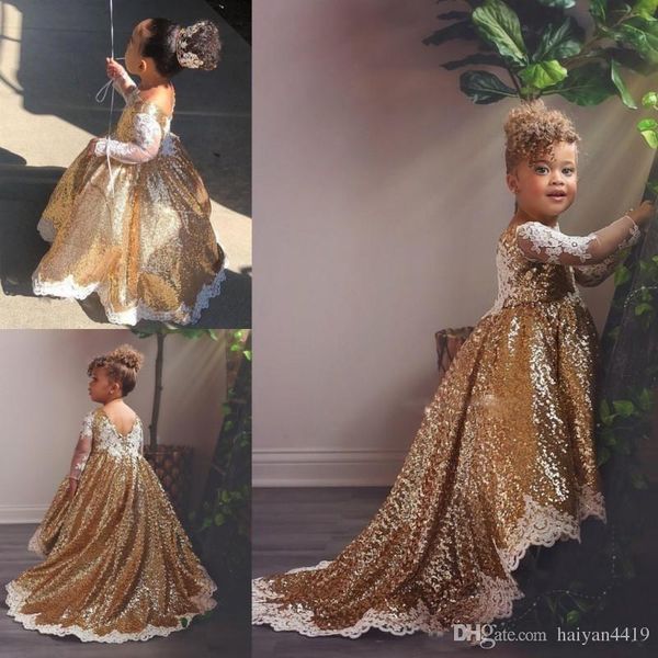 

2019 gold sequined girls pageant dresses long sleeves white lace appliques hi lo flower girl dresses toddlers teens party communion dress, White;red