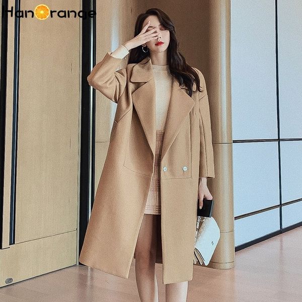 

minimalist adjustable waist women woolen coat fall/winter 2019 tweed long sleeve covered button loose overcoat, Black