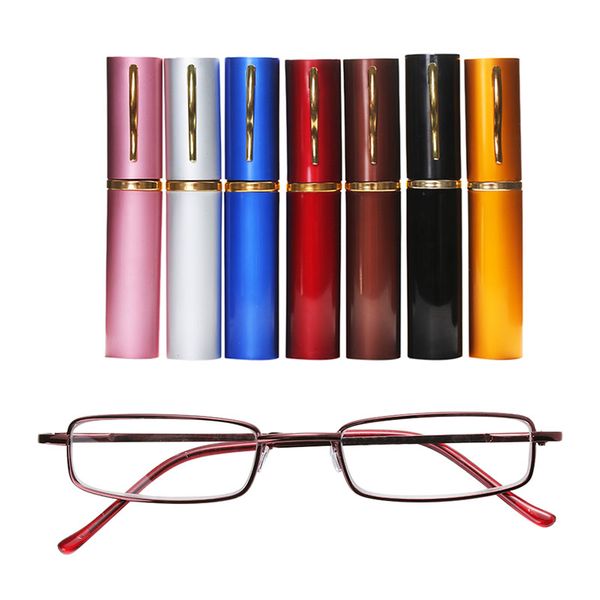 

1 pcs reading glasses metal frame resin with tube case mini portable for women men retro business eyeglasses h66, Silver