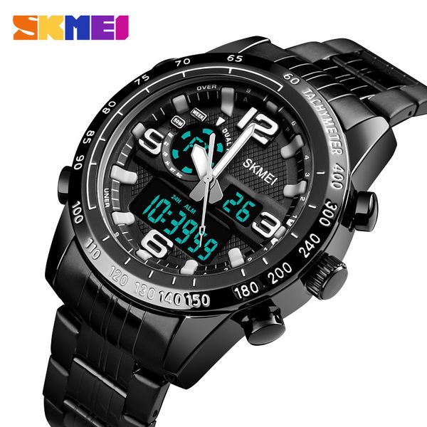 

new skmei luxury brand watch men military quartz watches steel strap waterproof dual display wristwatches relogio masculino, Slivery;brown