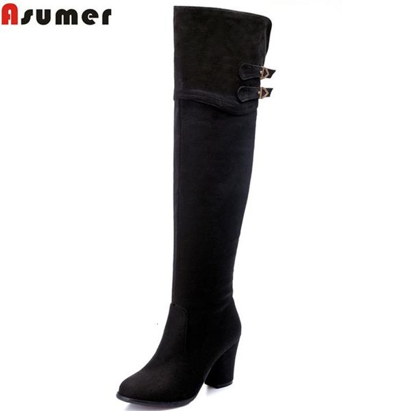 

asumer zip-up knee high boots for women buckle high square heels round toe solid nubuck flock leather elegant boots t191108, Black