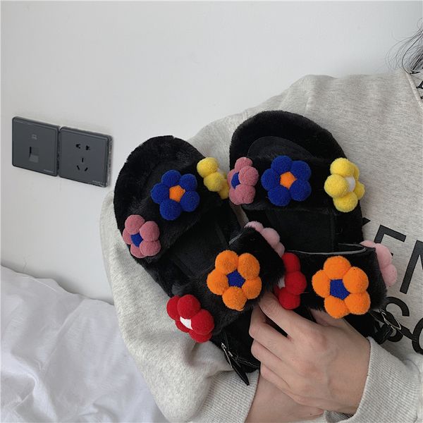 

shoes flock on a wedge low woman's slippers fur flip flops beige heeled sandals luxury slides soft 2019 plush black designer