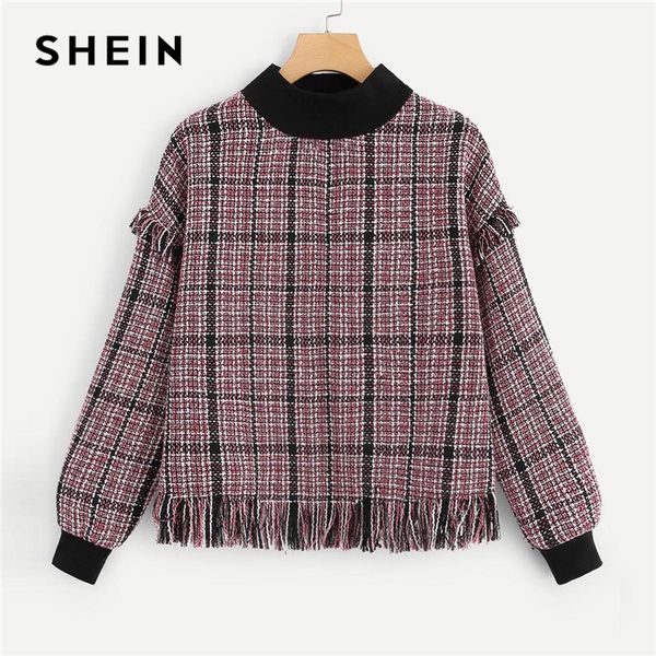 

shein multicolor minimalist casual frayed edge mock-neck tweed pullover sweatshirt autumn preppy campus women sweatshirts, Black