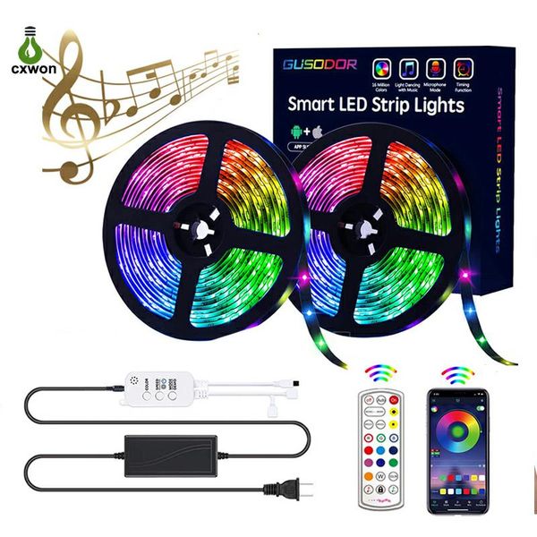 Набор светодиодных световых светов 16,4 фута 32,8 фута 30 из / м 150LED 300LED SMD5050 Bluetooth Music Sync с 24-секундами для удаленной домашней вечеринки Веревка RGB ленточный светильник