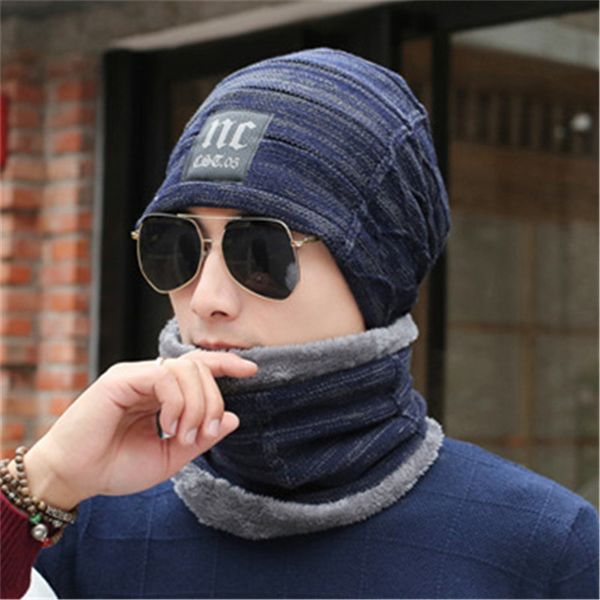 

winter hat and scarf set for men women warm fleece snood beanie kit skullcap scarves sets male female neck warmer, Blue;gray