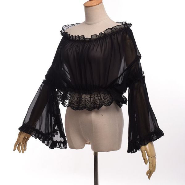 

sweet ladies women lace chiffon blouse lolita flare sleeve shoulder-off crop shirt white/pink/black