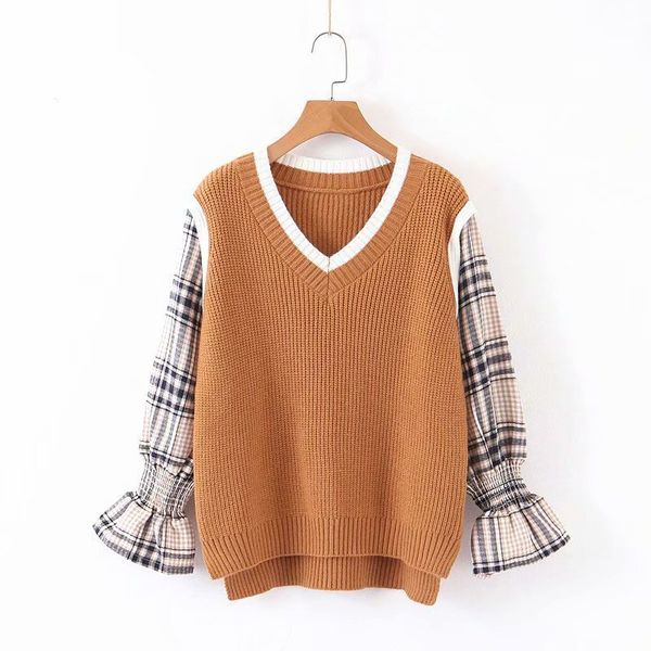 

women clothes 2019 autumn and winter clothes women v-neck plaid stitching pullover sweater female sweater, White;black