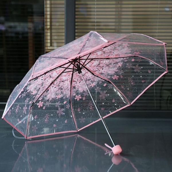 

100шт / много Прозрачный Clear Зонт Ручка ветрозащитный 3 Fold Umbrella Cherry Blossom гриб Apollo сакуры женщин девушки Umbrella