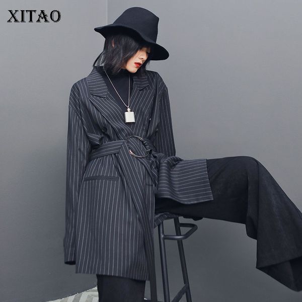 

xitao vintage striped blazer women korea fashion bandage elegant plus size macth all 2019 autumn long lady style coat wqr1972, White;black
