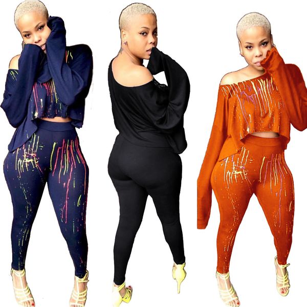 

новый прибывший моды краски печати одно плечо женщин костюмы sexy длинные рукава топ и тощие брюки комплекты casual club спортивные костюмы, White