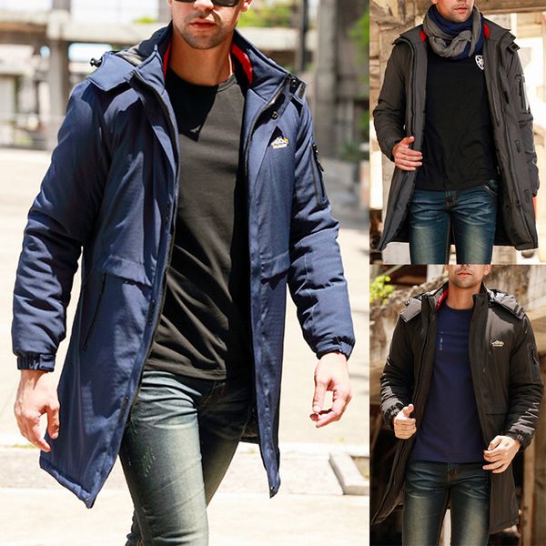 

long winter jacket men's winter pure color cotton thickening warm hooded cotton padded coat big pockets parkas men*, Black