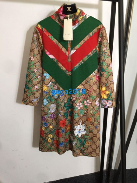 

высокого класса женщины девушки техническую платье из джерси в полоску винтажный взаимосвязанных письмо цветочный печати с длинным рукавом ю, Black