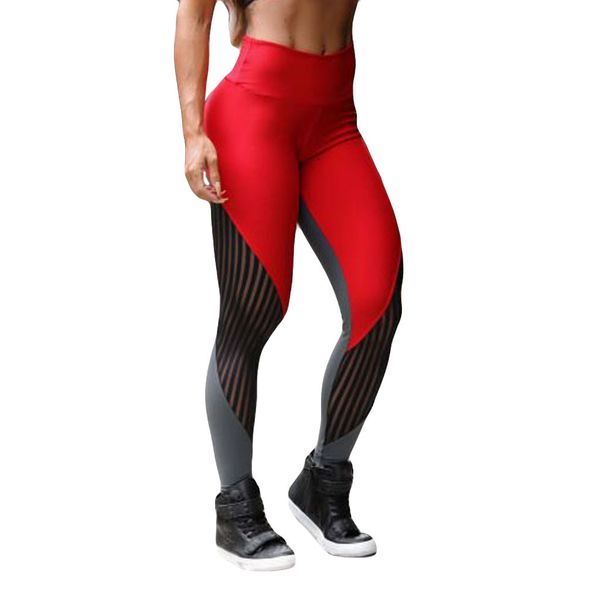 

womail women's high waist yoga pants casual net yarn stitching bottoms running fitness yoga nine-minute pants sportbroek dames, White;red