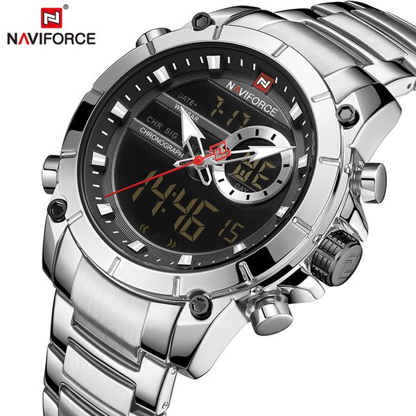 

naviforce 2019 new men sport quartz wrist watch for man waterproof dual display date clock relogio masculino, Slivery;brown