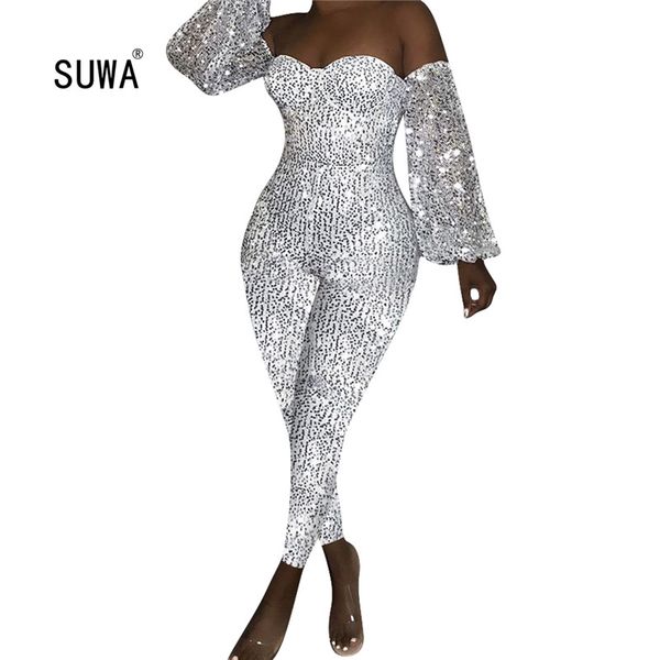 

gilding women jumpsuit christmas zipper off shoulder long sleeve fashion casual romper club party overalls jumper, Black;white