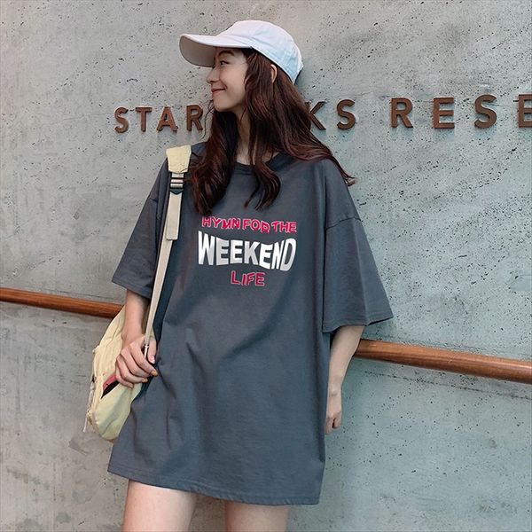 

short-sleeved loose versatile midi 2020 ins fashionable cotton short-sleeved t-shirt women's loose versatile midi t-shirt women's, White