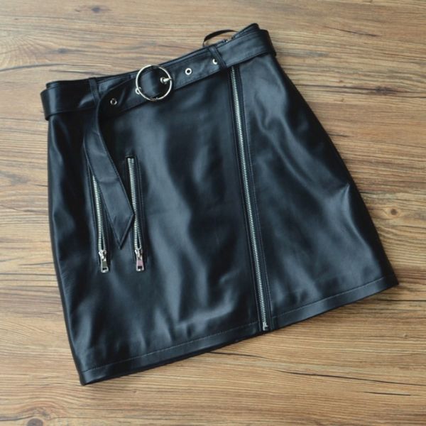 

mini skirt women sheepskin genuine leather skirt office lady a line belt slim fit high waist skirts streetwear, Black