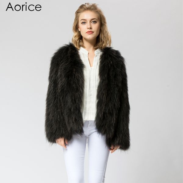

cr035 knit knitted real raccoon fur coat jacket overcoat women's fashion winter warm genuine fur coat ourwear, Black