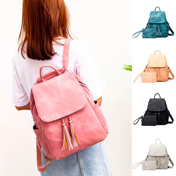 

women's backpack fashion new backpack 2pc tassel bag solid color large capacity student bag dropship y502