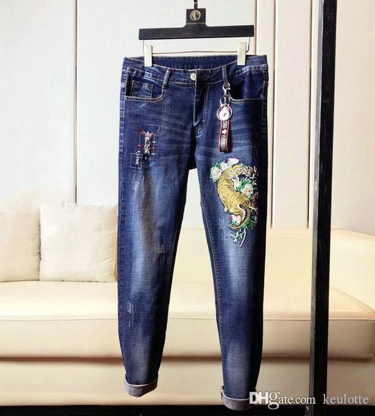 

2020 fashion mens jeans men slim leggings splicing torn ripped jeans foot pencil mens designer pants, Blue