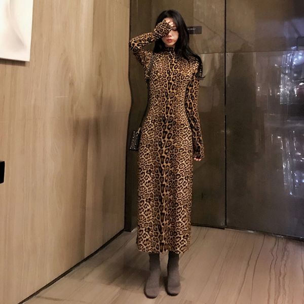

women's clothing spring vintage leopard bandage bodycon dress turtleneck long sleeve women dress new fashion chic dresses, Black;gray