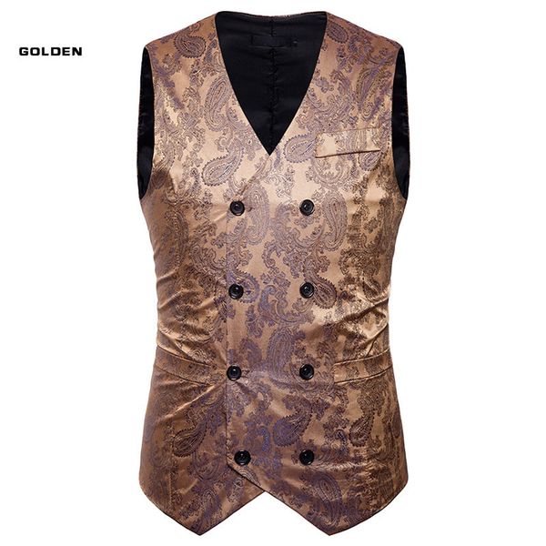 

gold vest men suit wedding sleeveless slim fit paisley floral dress vests for men single buttons waistcoat, Black;white