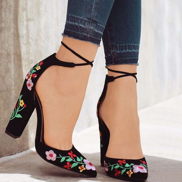 

41 size embroider women pumps high heels pointed toe lace up cross-tie women high heels elegant ladies shoes women swb0032, Black