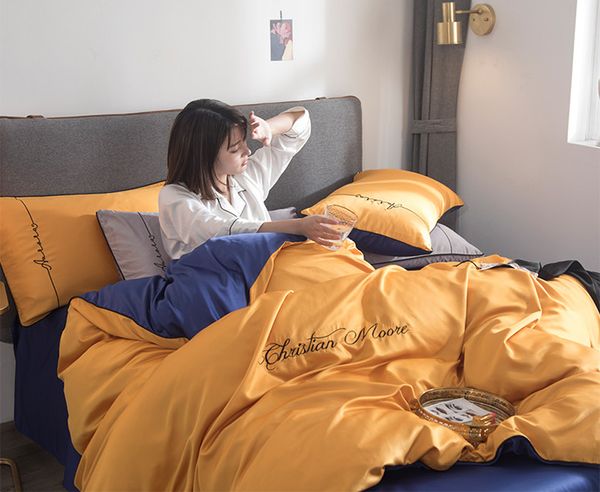 

new bed linings set bedding set bedclothes flat sheet quilt cover pillowcase full  king bedroom home textile silk yellow