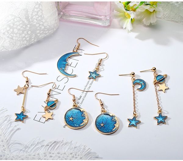 

maxi girl fashion blue star planet earrings lovely style long fringe asymmetry earrings stud earrings for cute girls, Golden;silver
