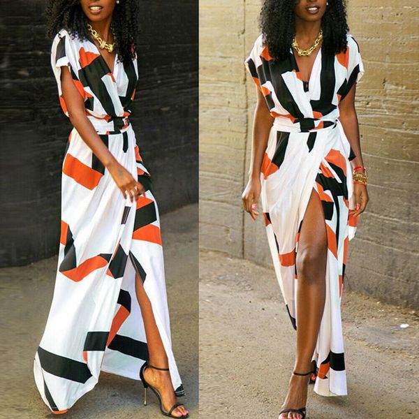 

women long maxi dresses bohemia v-neck short sleeve geometric print ethnic summer beach female split stylish dress, Black;gray