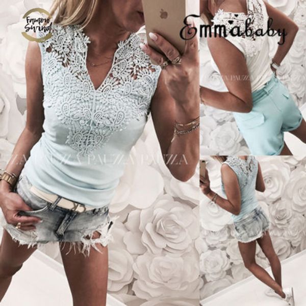 

summer women ladie summer t shirt causul sleeveless hollow out v neck lace tank t-shirt, White