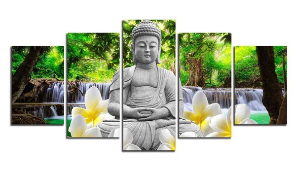 

unframed 5 panel flower waterfall background buddha painting fengshui canvas art wall pictures for living room