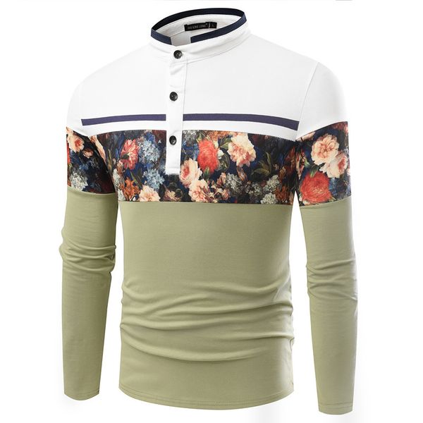 

2018 autumn new style europe and america men contrast color stand collar long sleeve t shirt oil painting printed slim fit men's, White;black