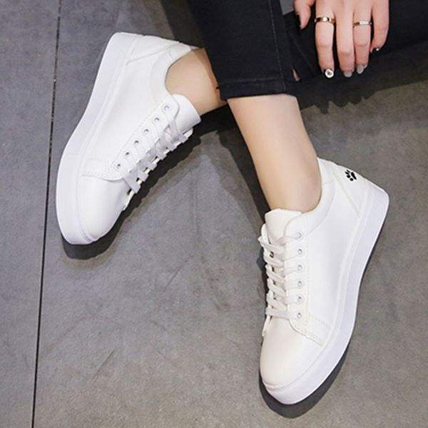 

sagace college samll white cartoon cat breathable pu shoes solid walking platform casual shoes woman flat bottom feminino cs02, Black