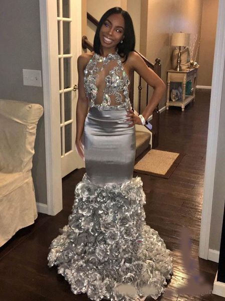 

silver evening dresses with lace applique sleeveless mermaid prom dresses with rose flowers custom made formal party gowns, Black;red